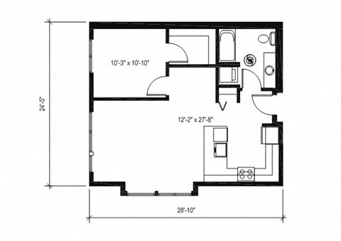 Floor plan for 1 bed, 1 bath, 696 sqft